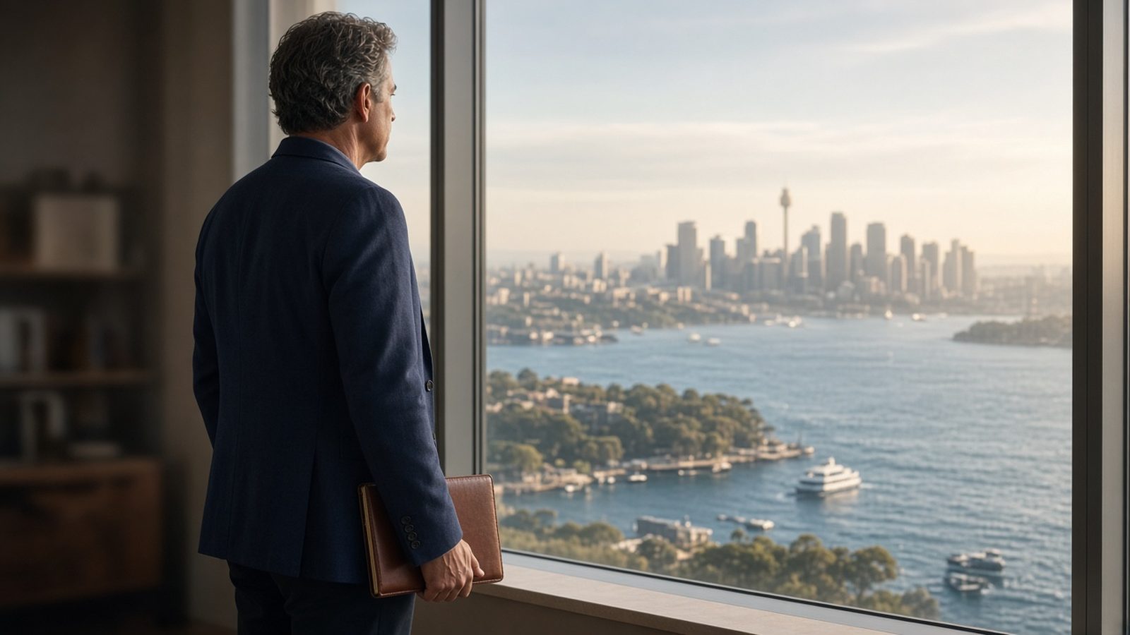 A man in a navy blazer looking out over Sydney Harbour from an office window, thinking about a career change at 50.