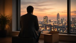 A man in a suit seen from behind, sitting by an office window at dusk next to an empty office box, thinking about what to do with his life after losing his job.