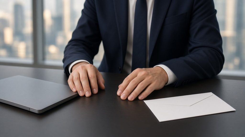 A professional in a navy suit at a desk with a closed laptop and an envelope, deciding whether to quit a corporate job at 40.