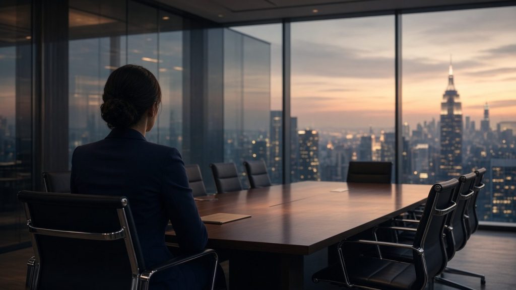 A businesswoman in a navy suit sitting alone in an empty boardroom at dusk, feeling unfulfilled in a successful job.