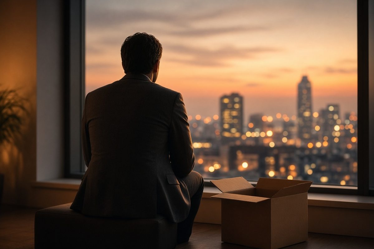 A man in a suit seen from behind, sitting by an office window at dusk next to an empty office box, thinking about what to do with his life after losing his job.